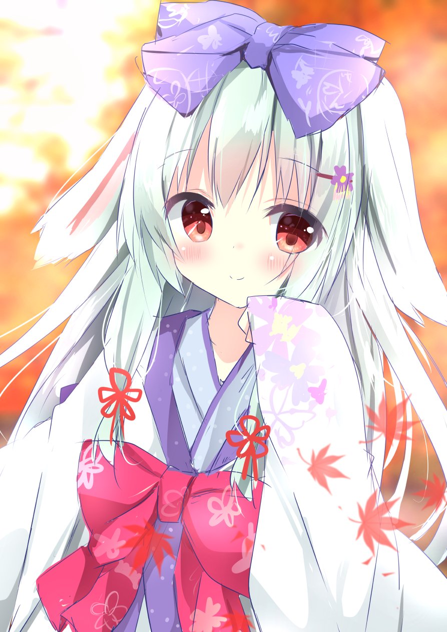 1girl animal_ears bow character_request commentary_request copyright_request hair_bow hair_ribbon highres japanese_clothes kimono kouda_suzu leaf light_green_hair long_hair maple_leaf red_eyes ribbon silver_hair sketch smile tied_hair