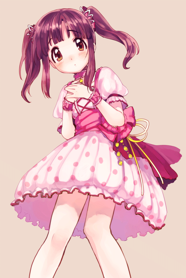 1girl amezawa_koma blush bow brown_eyes brown_hair choker dress eyebrows_visible_through_hair feet_out_of_frame hands_on_own_chest idolmaster idolmaster_cinderella_girls jewelry long_hair looking_at_viewer ogata_chieri own_hands_together pendant pink_bow pink_dress polka_dot polka_dot_dress puffy_short_sleeves puffy_sleeves short_sleeves sidelocks simple_background solo twintails wristband