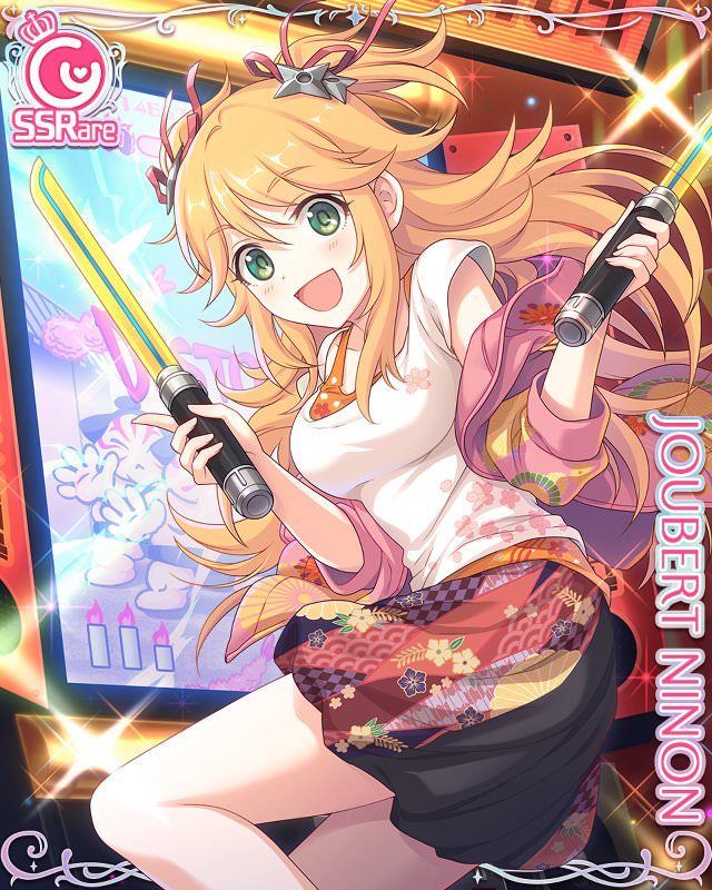 1girl arcade_cabinet blonde_hair card_(medium) cygames dual_wielding green_eyes hair_ribbon ninon_joubert official_art princess_connect! ribbon shuriken_hair_ornament toy_sword