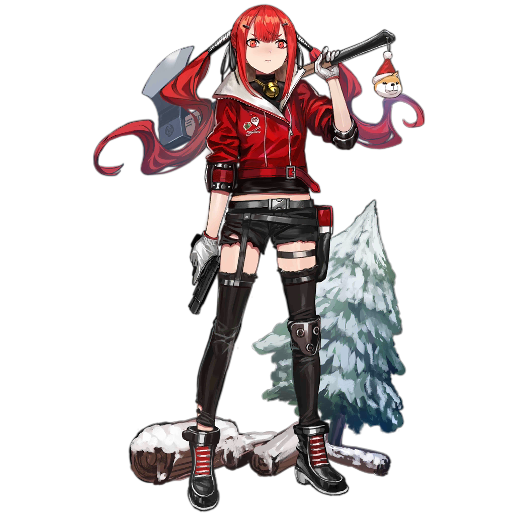 1girl axe cz-75 cz-75_(girls_frontline) girls_frontline gloves gun handgun infukun jacket jewelry long_hair looking_at_viewer looking_down necklace official_art pistol red_eyes redhead scowl shorts thigh-highs tree trigger_discipline twintails weapon