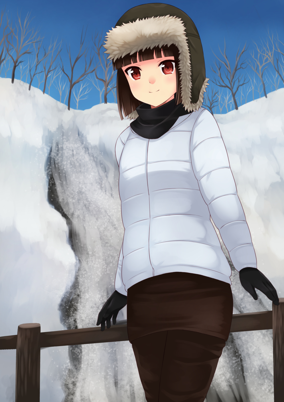 1girl akemiho_tabi_nikki black_hair fukube_tamaki gloves hat highres jacket kouno_hikaru looking_at_viewer outdoors red_eyes scarf short_hair smile snow solo walking water waterfall