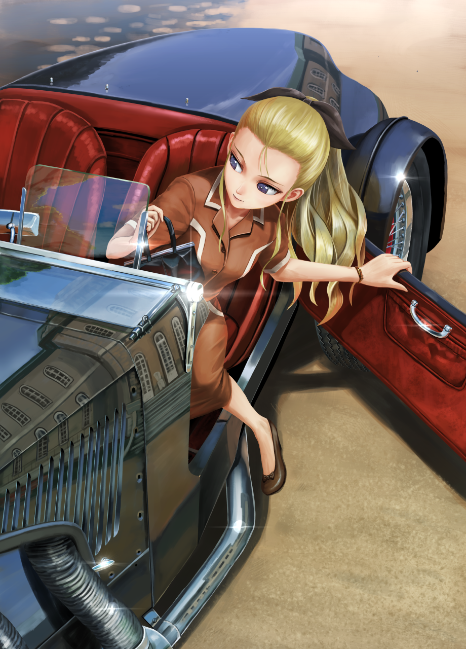 1girl abazu-red assam black_footwear black_ribbon blonde_hair blue_eyes bracelet brown_dress buttons casual closed_mouth collared_dress commentary day dress flats girls_und_panzer hair_pulled_back hair_ribbon highres jewelry long_hair looking_to_the_side medium_dress outdoors reflection ribbon short_sleeves sitting smile solo vehicle_request