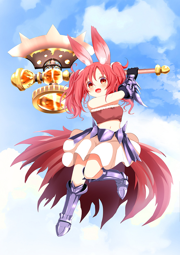 1girl :d animal_ears armor armored_boots axe battle_axe black_gloves blue_sky blush boots chimame_chronicle clouds fang faulds full_body fur_trim gloves gochuumon_wa_usagi_desu_ka? joutarou_(vv-kancole) long_hair midriff natsu_megumi navel open_mouth rabbit_ears red_eyes redhead skirt sky smile solo spiked_gauntlets strapless swinging tubetop twintails vambraces weapon white_skirt