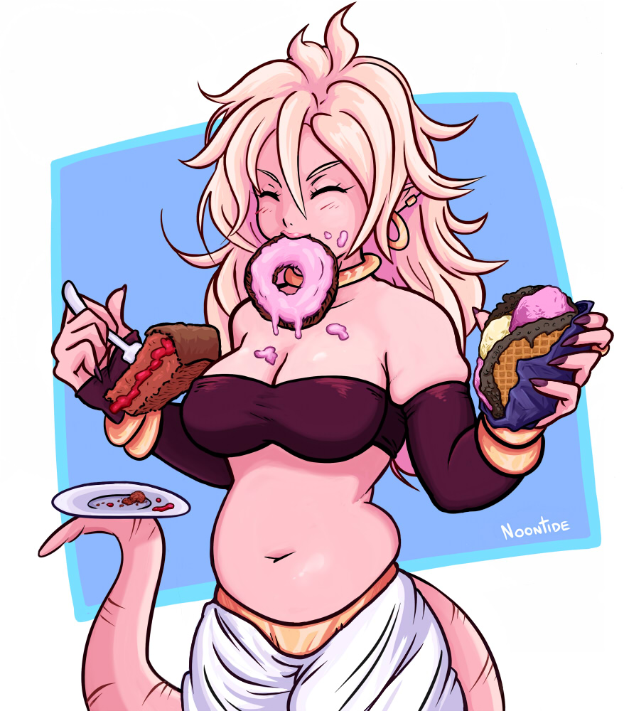 android_21 belly black_forest_cake bracelet choco_taco closed_eyes curvy dirty_face donut dragon_ball dragon_ball_fighterz dripping earrings eating fake_nails food food_drip food_in_mouth food_on_breasts food_on_face glutton gluttony gross ice_cream jewelry long_hair majin_android_21 messy messy_eater muffin_top nail_polish navel necklace noontide108 obese pastry pink_hair pink_skin plump pudge rat rat_tail simple_background smudge strapless tail tubetop weird