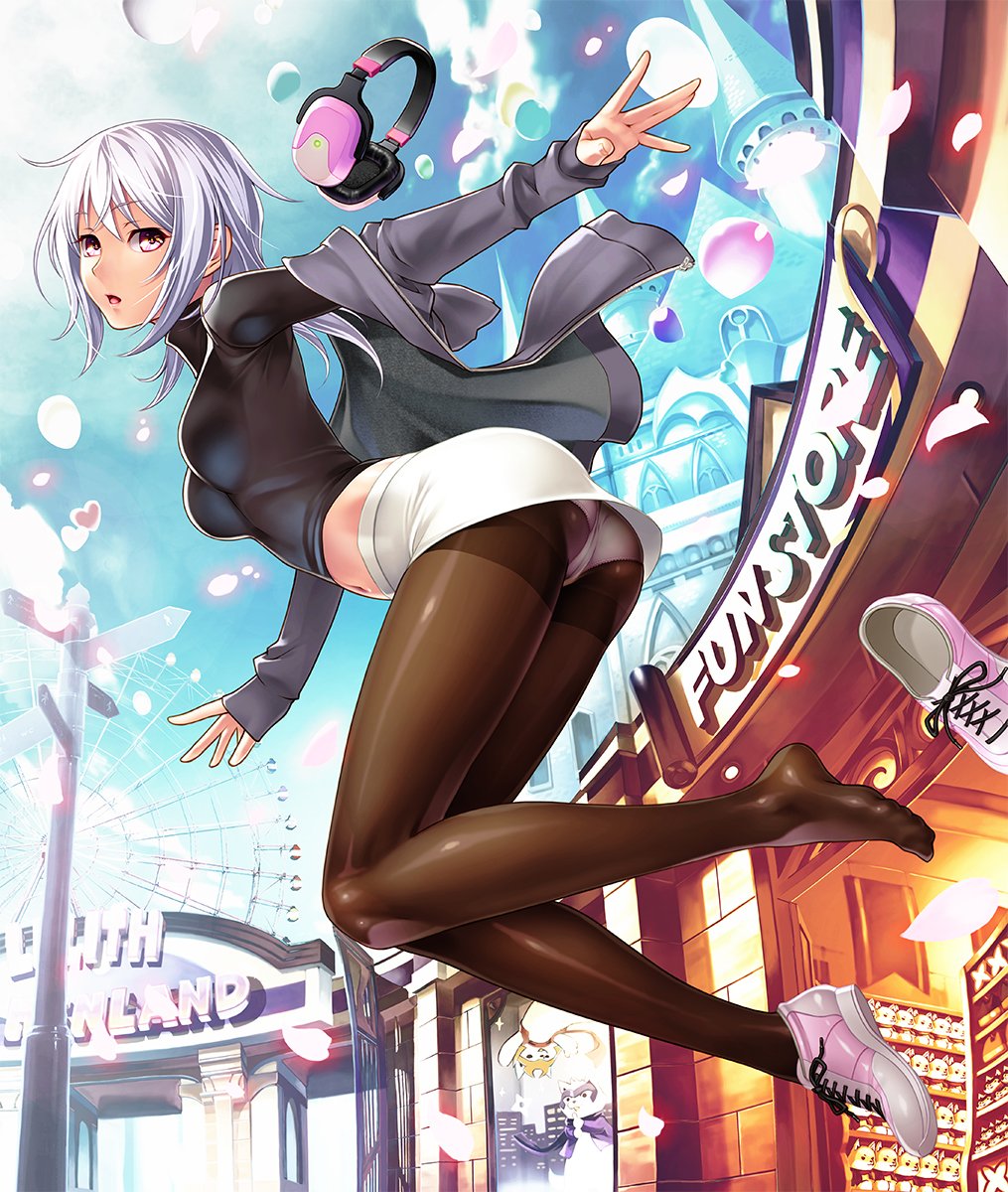1girl amamiya_shisui ass bangs blue_sky breasts brown_eyes clouds commentary day eyebrows_visible_through_hair headphones highres jacket long_sleeves medium_breasts midriff miniskirt navel off_shoulder official_art open_clothes open_jacket open_mouth outdoors panties panties_under_pantyhose pantyhose petals sano_toshihide shoes skirt sky sleeves_past_wrists sneakers solo stuffed_animal stuffed_toy taimanin_(series) taimanin_asagi_kessen_arena turtleneck underwear white_hair