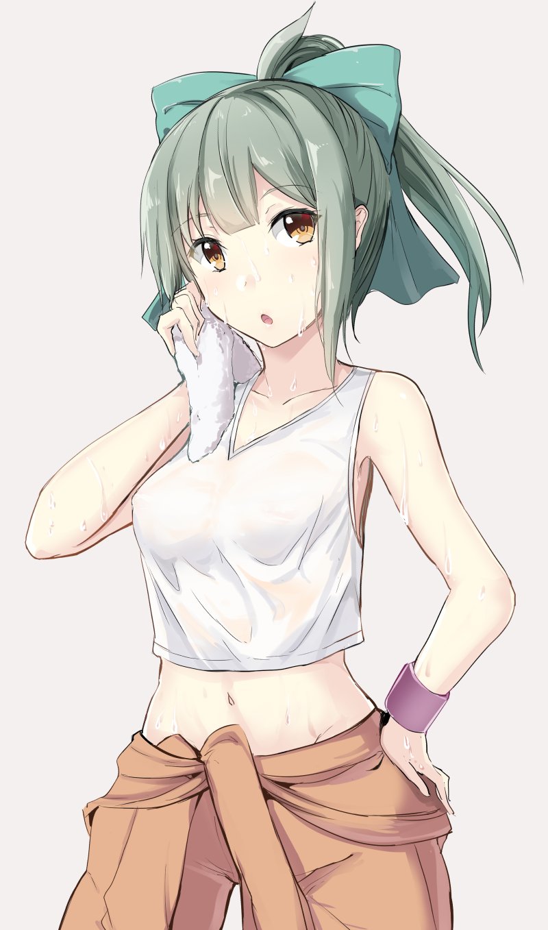 1girl :o aqua_bow bangs blunt_bangs blush bow breasts brown_eyes clothes_around_waist collarbone cowboy_shot drying eyebrows_visible_through_hair gin'ichi_(akacia) green_hair grey_background hair_bow hand_on_hip highres kantai_collection looking_at_viewer medium_breasts navel open_mouth orange_pants ponytail see-through short_hair simple_background sleeveless solo standing stomach sweat sweatband sweating towel wet wet_clothes white_tank_top wiping_sweat yuubari_(kantai_collection)