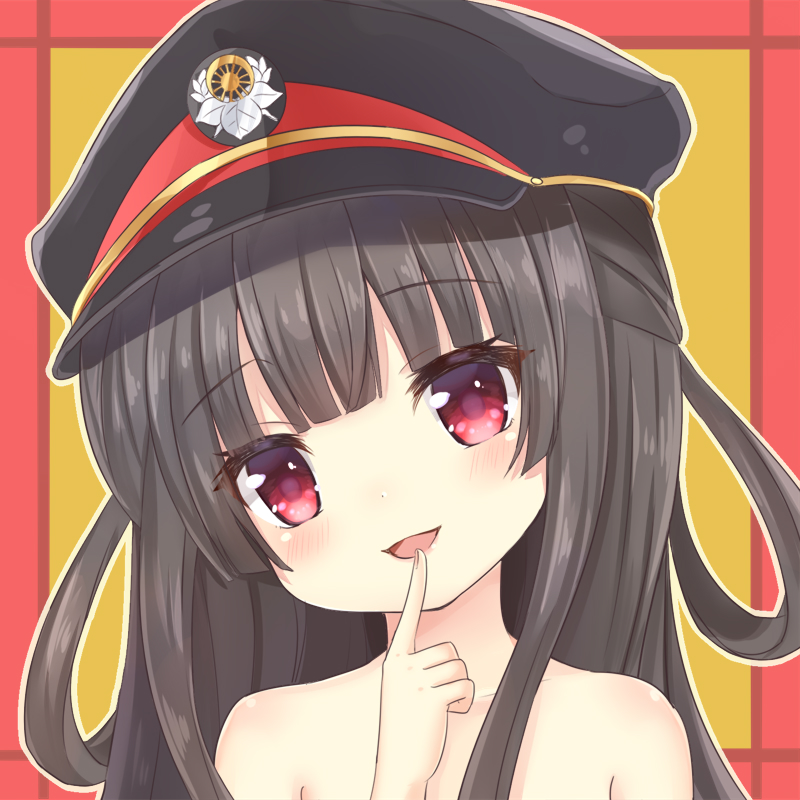 1girl :d bangs black_hair black_hat blunt_bangs blush collarbone commentary_request eyebrows_visible_through_hair finger_to_mouth fingernails hachiroku_(maitetsu) hair_rings hat head_tilt long_hair maitetsu nude open_mouth peaked_cap red_eyes smile solo sunameri_(pixiv3564245)