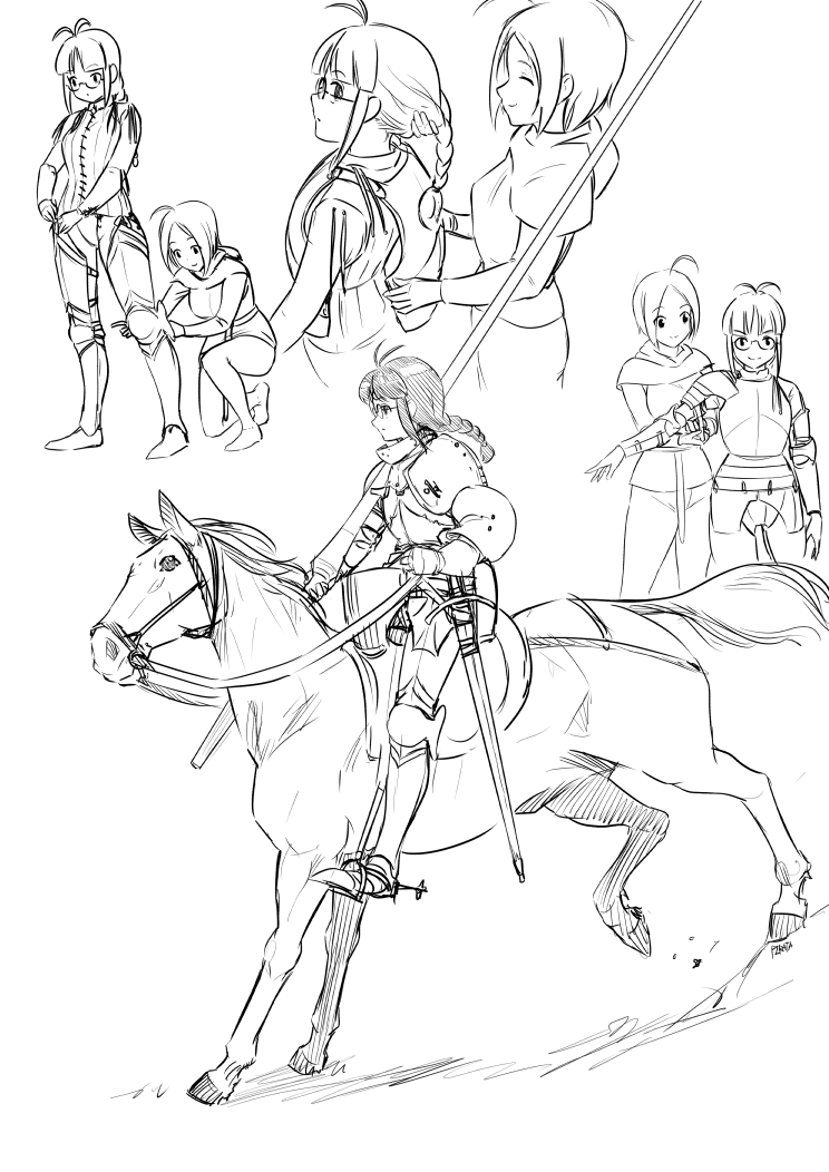 2girls ahoge akizuki_ritsuko antenna_hair armor braid character_request dressing dressing_another glasses greyscale horse horseback_riding idolmaster knight lance monochrome multiple_girls pirata_(gailtonatiu) plate_armor polearm riding sword weapon