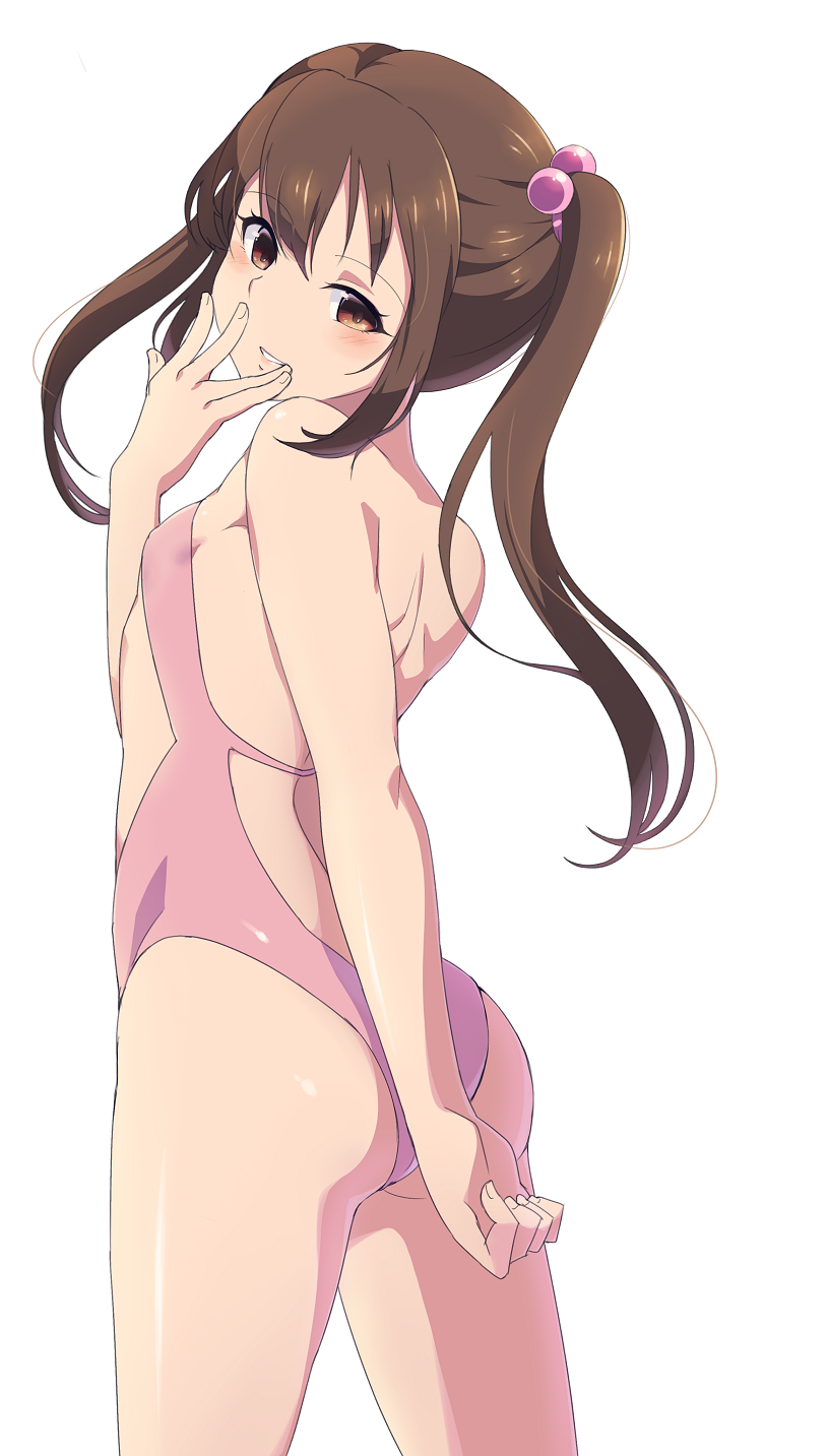 1girl ass back backless_outfit blush brown_hair covering covering_ass covering_mouth flat_chest hair_bobbles hair_ornament highres kurosa_kichi long_hair looking_at_viewer one-piece_swimsuit parted_lips photokano pink_swimsuit sakura_mai_(photokano) seductive_smile simple_background smile solo swimsuit twintails white_background