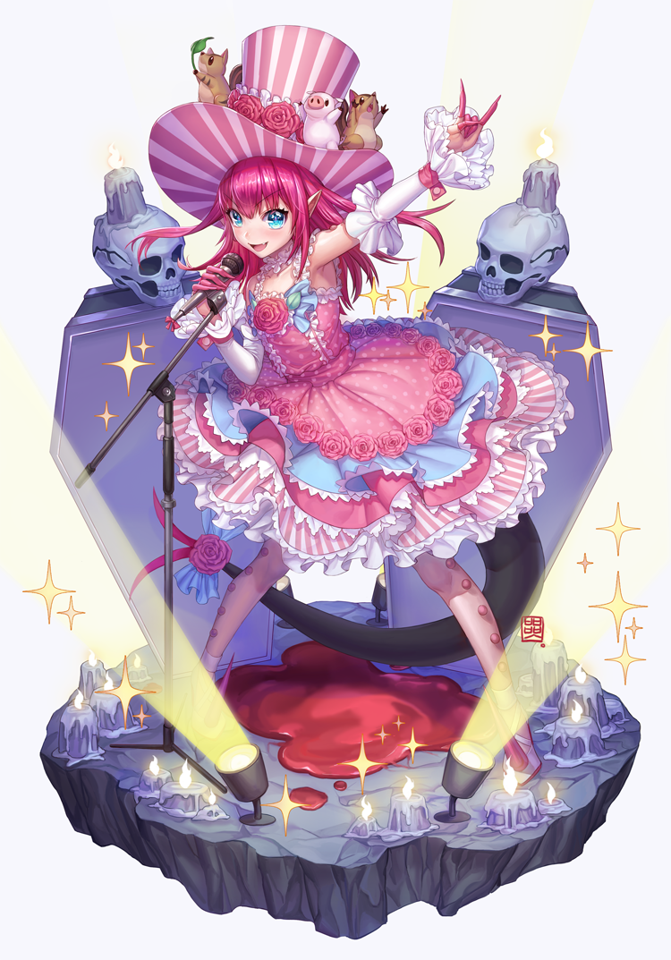 1girl :d \n/ animal animal_on_head arm_up armpits artist_logo bangs bare_shoulders blood blue_eyes blue_ribbon box_(hotpppink) candle choker coffin collarbone detached_sleeves dragon_girl dragon_tail dress elizabeth_bathory_(fate) elizabeth_bathory_(fate)_(all) eyebrows_visible_through_hair fang fate/grand_order fate_(series) floating_hair flower frilled_choker frilled_dress frilled_sleeves frills full_body hair_between_eyes hat hat_flower holding holding_microphone layered_dress legs_apart long_hair looking_at_viewer microphone microphone_stand on_head open_mouth outstretched_arm pig pink_dress pink_flower pink_hair pink_hat pink_rose pointy_ears polka_dot polka_dot_dress pool_of_blood ribbon rose shiny shiny_hair short_dress simple_background skull sleeveless sleeveless_dress smile solo sparkle squirrel stage_lights standing striped striped_dress striped_hat tail tail_flower tail_ribbon top_hat v-shaped_eyebrows white_background white_choker white_footwear wide_sleeves wrist_cuffs