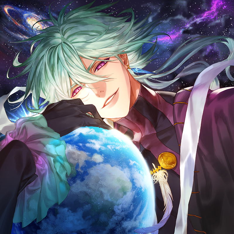 1boy bangs commentary earrings earth galaxy gloves green_hair grin hair_between_eyes jewelry kei_(seona2020) long_sleeves looking_at_viewer male_focus original slit_pupils smile solo space turtleneck violet_eyes