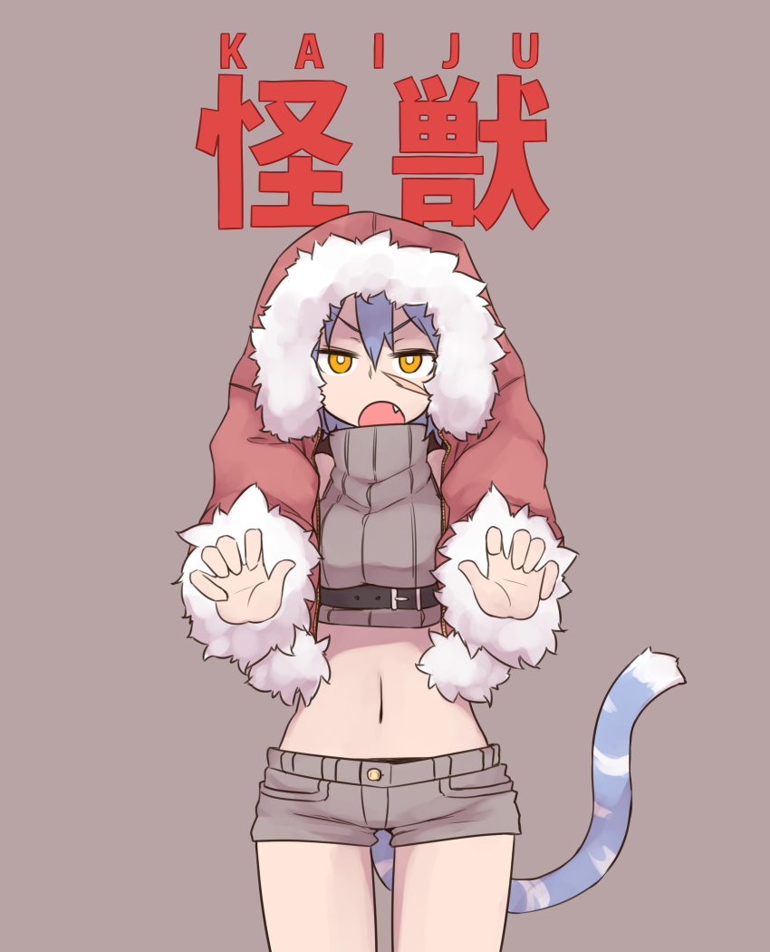 1girl bangs belt black_panties blue_hair brown_background cat_tail claw_pose cowboy_shot crop_top fang fur_trim hair_between_eyes jacket long_sleeves looking_at_viewer midriff open_mouth orange_eyes original panties red_jacket ribbed_sweater ryota_tentei scar short_hair short_shorts shorts simple_background solo standing sweater tail tora_tentei underwear white_pupils