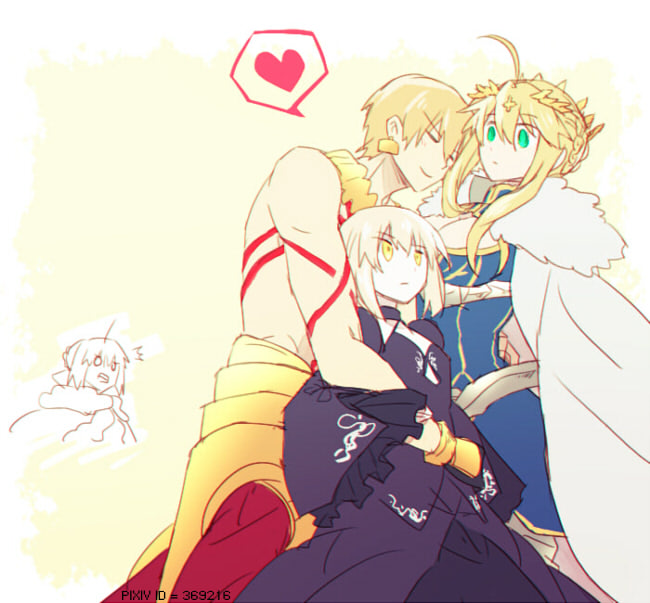 /\/\/\ 1boy 3girls ankai_(rappelzankai) artoria_pendragon_(all) artoria_pendragon_(lancer) blonde_hair braid breasts cape cleavage closed_eyes crown dark_persona fate/grand_order fate/stay_night fate_(series) french_braid fur-trimmed_cape fur_trim gilgamesh girl_sandwich green_eyes heart hug large_breasts multiple_girls saber saber_alter sandwiched shirtless spoken_heart yellow_eyes