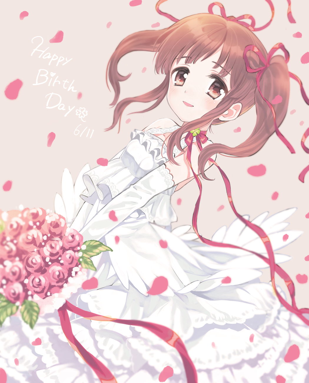 1girl amezawa_koma bare_shoulders blush bouquet brown_eyes brown_hair choker clover commentary_request dated dress elbow_gloves eyebrows_visible_through_hair flower four-leaf_clover frilled_dress frills gloves hair_ribbon happy_birthday highres holding holding_bouquet idolmaster idolmaster_cinderella_girls long_hair ogata_chieri parted_lips petals red_ribbon ribbon ribbon_choker rose rose_petals smile solo twintails wedding_dress white_gloves