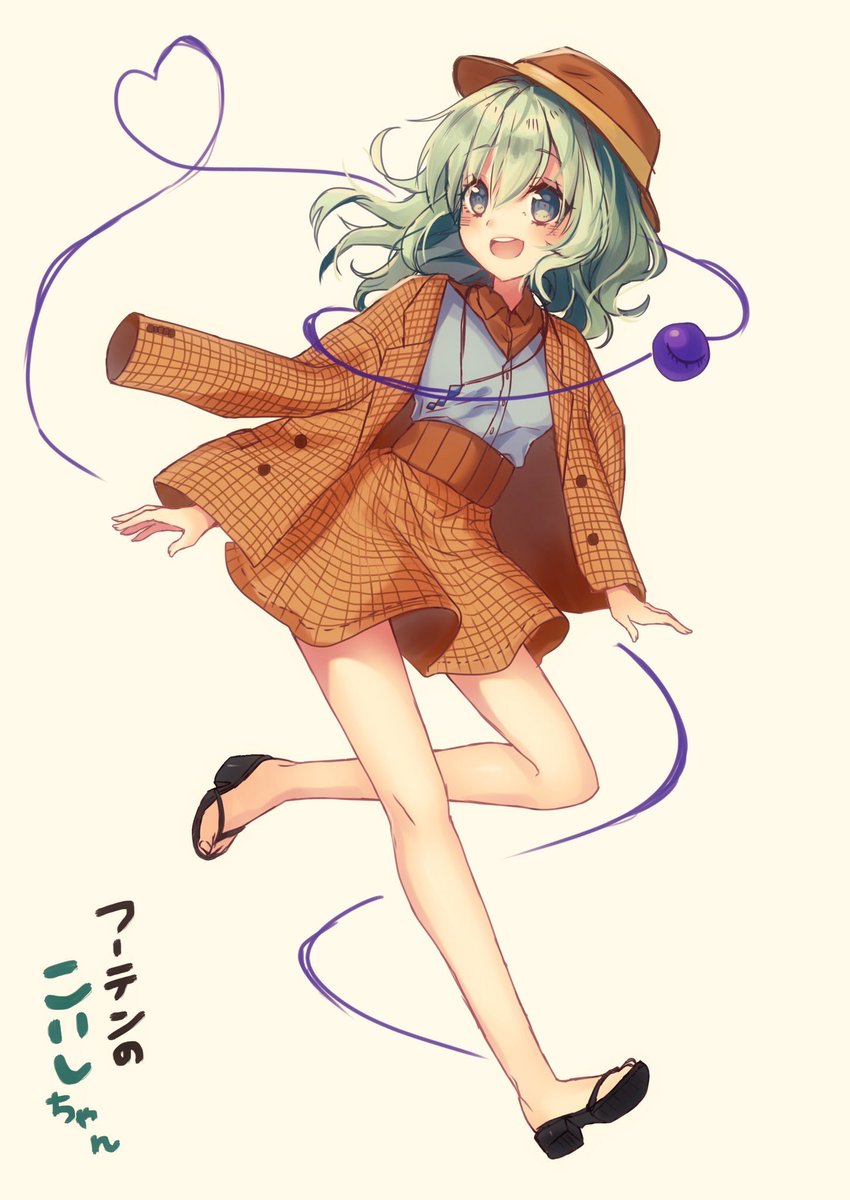 1girl alternate_costume character_name contemporary full_body green_eyes green_hair heart heart_of_string highres jacket jacket_on_shoulders jewelry komeiji_koishi kyouda_suzuka necklace plaid plaid_jacket plaid_skirt sandals simple_background skirt solo text third_eye touhou