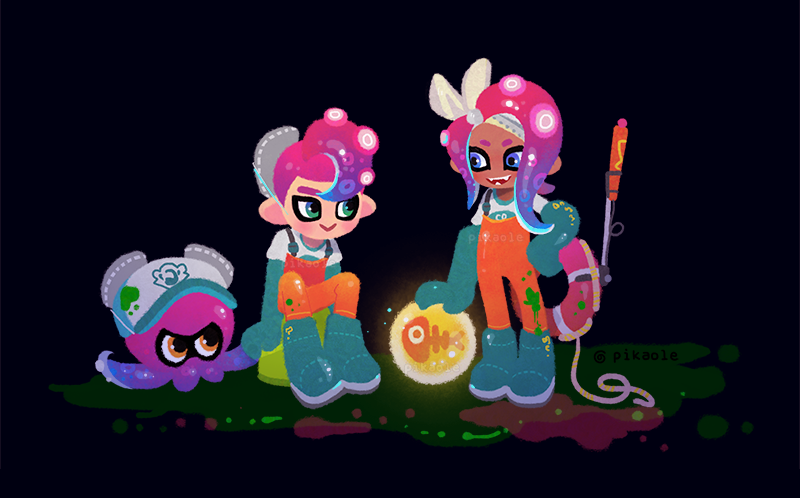 1boy 1girl agent_8 baseball_cap boots gloves green_eyes green_footwear hat octarian octopus orange_overalls overalls pink_hair power_egg rubber_boots rubber_gloves salmon_run splatoon splatoon_2 takozonesu tentacle_hair violet_eyes