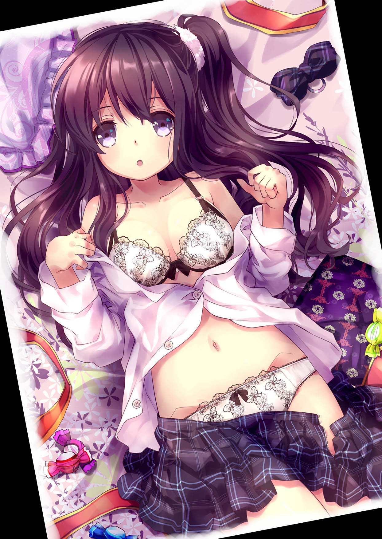 1girl 54hao :o bangs bare_shoulders black_skirt blush bow bow_bra bow_panties bowtie_removed bra breasts candy_wrapper collarbone dutch_angle eyebrows_visible_through_hair frilled_pillow frills groin hair_between_eyes hair_ornament hair_scrunchie hands_up highres long_hair long_sleeves looking_at_viewer lying medium_breasts navel off_shoulder on_back original panties parted_lips partially_unbuttoned pillow plaid plaid_neckwear plaid_skirt purple_hair purple_neckwear scrunchie shirt side_ponytail skirt skirt_pull solo underwear violet_eyes white_bra white_panties white_scrunchie white_shirt