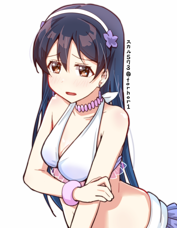 1girl bangs bikini blue_hair bracelet commentary_request eyebrows_visible_through_hair flower frilled_bikini frills hair_between_eyes hand_on_own_arm hibiscus jewelry long_hair love_live! love_live!_school_idol_project natsuiro_egao_de_1_2_jump! necklace open_mouth simple_background skull573 solo sonoda_umi swimsuit upper_body white_background yellow_eyes
