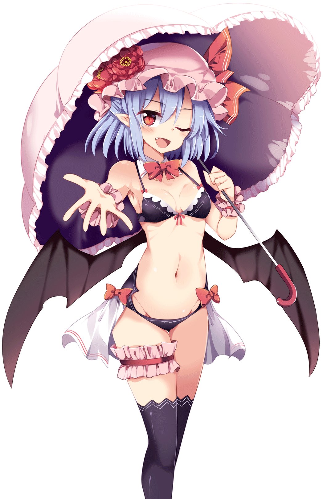 1girl bare_shoulders bat_wings bikini black_bikini black_legwear black_wings blue_hair bow breasts detached_collar fang hat hat_ribbon highres holding holding_umbrella looking_at_viewer maturiuta_sorato mob_cap navel outstretched_arm pink_hat red_bow red_eyes remilia_scarlet ribbon simple_background small_breasts solo standing stomach swimsuit thigh-highs touhou umbrella white_background wings wrist_cuffs