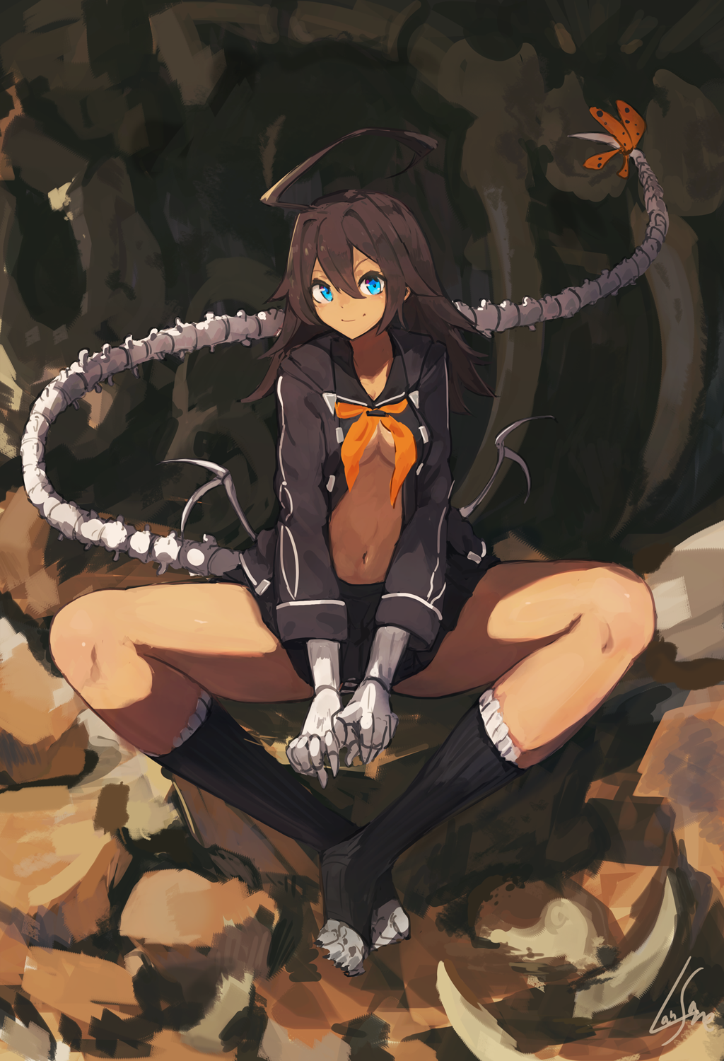 1girl ahoge artist_name black_legwear black_sailor_collar black_skirt blue_eyes bone brown_hair claws closed_mouth colho_(lansane) hair_between_eyes highres huge_ahoge lansane long_sleeves looking_at_viewer original outdoors pleated_skirt ribbed_legwear rock sailor_collar school_uniform serafuku signature sitting skirt smile socks solo spread_legs tail toeless_legwear toeless_socks