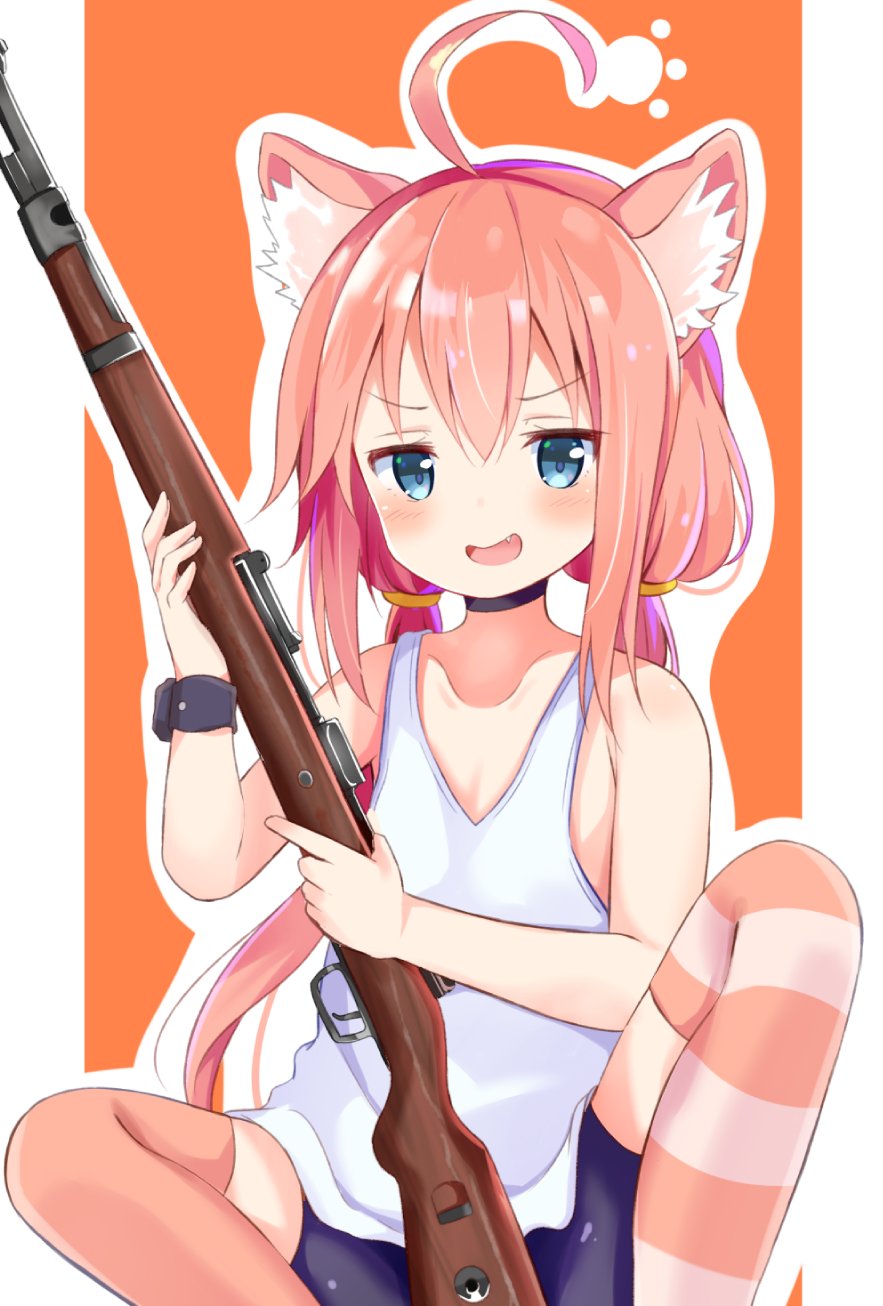 1girl ahoge animal_ears bike_shorts blue_eyes bolt_action cat_ears choker fang gun highres hinata_channel long_hair low_twintails mauser_98 mismatched_legwear nagomi_yayado nekomiya_hinata open_mouth orange_background pink_hair pink_legwear rifle shorts simple_background sitting smile solo spread_legs striped striped_legwear thigh-highs twintails vest weapon white_vest