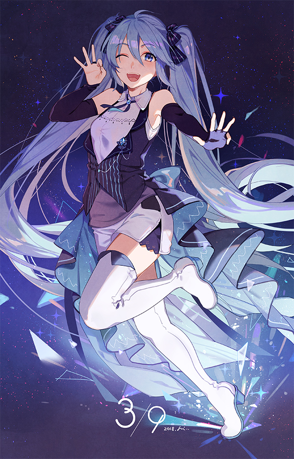 1girl 39 :d blue_hair boots bridal_gauntlets dated elbow_gloves eyebrows_visible_through_hair fen_renlei fingerless_gloves full_body gloves hair_between_eyes hatsune_miku long_hair one_eye_closed open_mouth skirt smile solo thigh-highs thigh_boots twintails very_long_hair vocaloid
