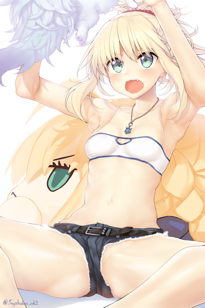 1girl armpits artoria_pendragon_(all) bad_anatomy beauty_love blonde_hair blush breasts character_doll commentary_request eyebrows_visible_through_hair fate/apocrypha fate/grand_order fate_(series) feet_out_of_frame fou_(fate/grand_order) green_eyes hair_ornament hair_scrunchie hands_up jewelry medium_breasts mordred_(fate) mordred_(fate)_(all) necklace open_mouth ponytail saber scrunchie short_hair short_shorts shorts simple_background solo strapless tubetop twitter_username white_background