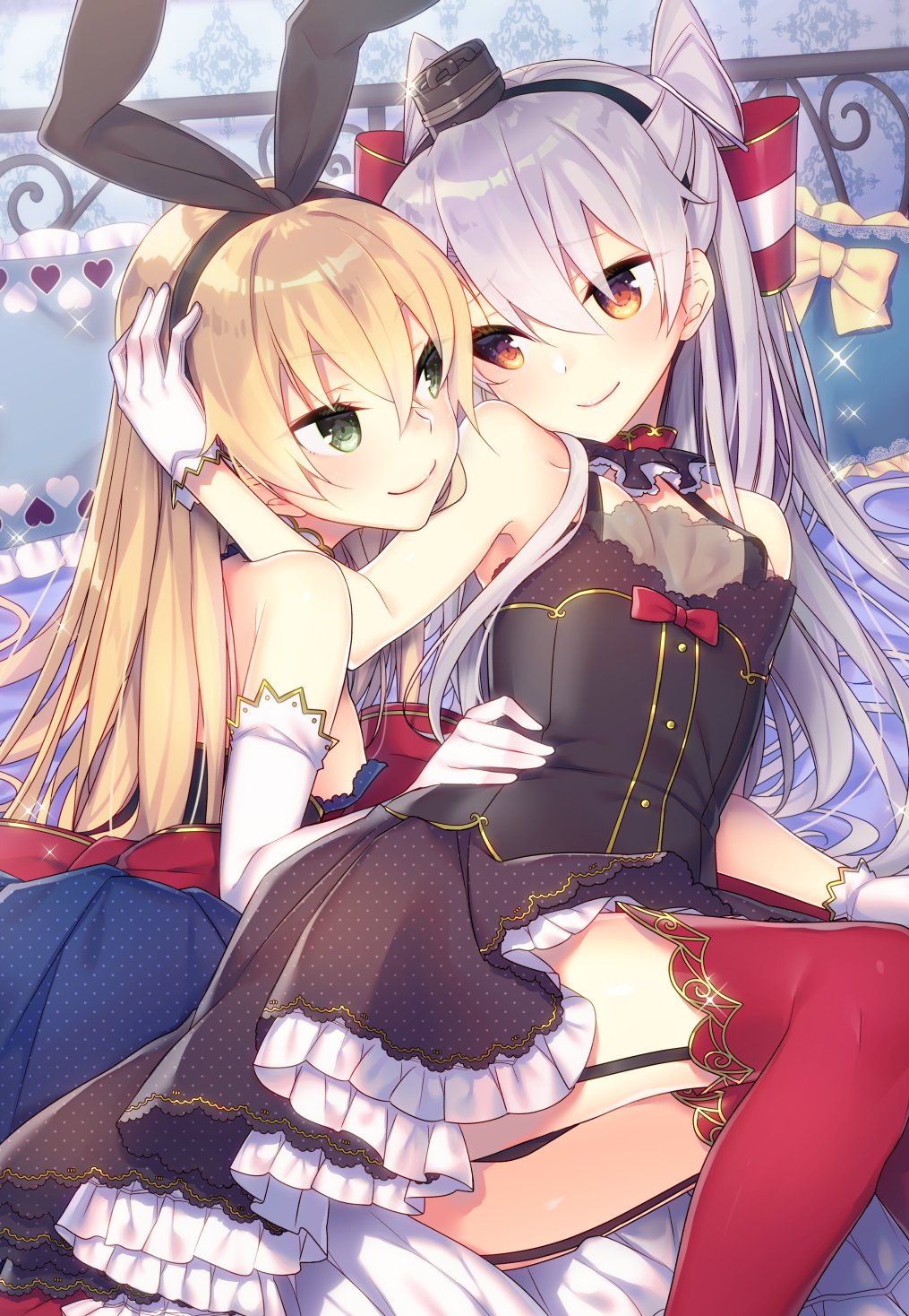 2girls alternate_costume amatsukaze_(kantai_collection) arm_support armpits ass bangs bare_shoulders bed bed_frame bed_sheet black_hairband black_hat black_ribbon black_skirt black_vest blonde_hair blood blue_dress blush bow breasts closed_mouth dress elbow_gloves eye_contact eyebrows_visible_through_hair feet_out_of_frame frilled_pillow frilled_skirt frills garter_straps gloves green_eyes hair_ribbon hair_tubes hairband hand_on_another's_head hand_on_another's_hip hat heart highres indoors kantai_collection lips long_hair looking_at_another lying multicolored multicolored_eyes multiple_girls on_bed on_side panties pantyshot pantyshot_(lying) pillow polka_dot polka_dot_dress polka_dot_skirt raised_eyebrows red_bow red_eyes red_legwear ribbon shimakaze_(kantai_collection) sideboob silver_hair skirt small_breasts smile sparkle tahya thigh-highs twintails underwear upskirt very_long_hair vest white_gloves yellow_bow yuri