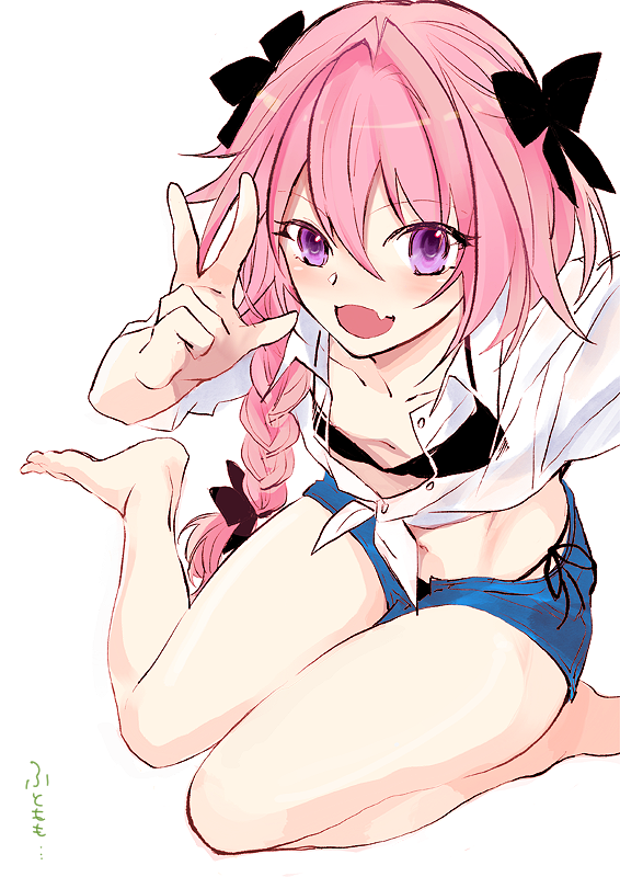 1boy :3 :d arms_up astolfo_(fate) bangs bare_legs barefoot bikini bikini_under_clothes black_bikini black_bow blush bow braid collarbone collared_shirt commentary_request crop_top denim denim_shorts eyebrows_visible_through_hair fang fate/apocrypha fate_(series) flat_chest from_above hair_between_eyes hair_bow hair_intakes hair_over_shoulder long_hair long_sleeves looking_at_viewer looking_up male_focus navel open_clothes open_mouth open_shirt open_shorts pink_hair raised_eyebrows see-through self_shot shirai shirt short_shorts shorts side-tie_bikini simple_background single_braid sitting sleeves_rolled_up smile solo stomach string_bikini swimsuit thighs tied_shirt translation_request trap unbuttoned unbuttoned_shirt violet_eyes w white_background white_shirt wing_collar