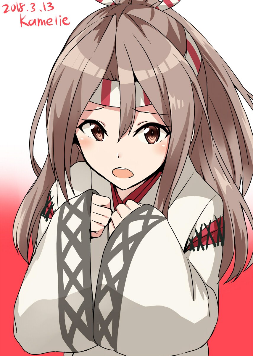 1girl artist_name brown_eyes brown_hair commentary_request dated gradient gradient_background hachimaki headband high_ponytail highres japanese_clothes kamelie kantai_collection long_hair looking_at_viewer muneate open_mouth ponytail red_background solo two-tone_background white_background zuihou_(kantai_collection)