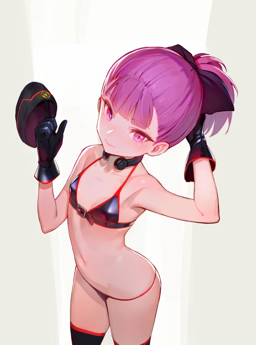 1girl bangs bikini black_bra black_gloves black_legwear black_panties blunt_bangs bow bra buckle closed_mouth collarbone fate/grand_order fate_(series) flat_chest gloves hair_bow hair_ornament hat hat_removed headwear_removed helena_blavatsky_(fate/grand_order) helena_blavatsky_(swimsuit_archer)_(fate) highres looking_at_viewer navel panties ponytail purple_hair short_hair simple_background solo swimsuit thigh-highs tim_loechner underwear violet_eyes