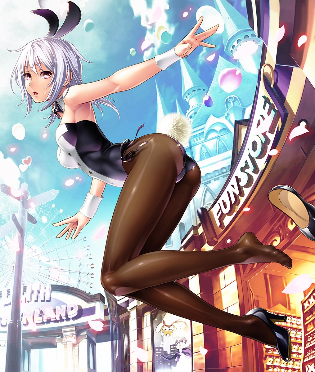 1girl amamiya_shisui animal_ears armpits ass bangs bare_shoulders black_footwear blue_sky breasts brown_eyes bunny_tail bunnysuit clouds commentary day detached_collar eyebrows_visible_through_hair full_body high_heels highres leotard looking_at_viewer looking_back medium_breasts official_art outdoors pantyhose petals rabbit_ears sano_toshihide shiny shiny_clothes sky solo strapless strapless_leotard stuffed_animal stuffed_toy tail taimanin_(series) taimanin_asagi_kessen_arena white_hair wrist_cuffs