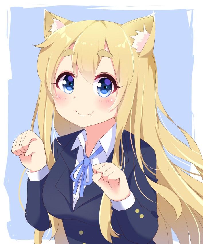 1girl :3 agung_syaeful_anwar animal_ears bangs blonde_hair blue_background blue_eyes blue_jacket blue_neckwear blue_ribbon blush cat_ears collared_shirt commentary eyebrows_visible_through_hair fang fang_out jacket k-on! kotobuki_tsumugi long_hair long_sleeves looking_at_viewer neck_ribbon ribbon school_uniform shirt simple_background smile solo thick_eyebrows upper_body white_shirt wing_collar