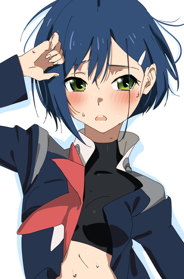 1girl arm_up blue_hair blush breasts crop_top darling_in_the_franxx green_eyes hair_ornament hairclip half-closed_eyes ichigo_(darling_in_the_franxx) midriff open_clothes open_mouth short_hair simple_background small_breasts sweat upper_body white_background