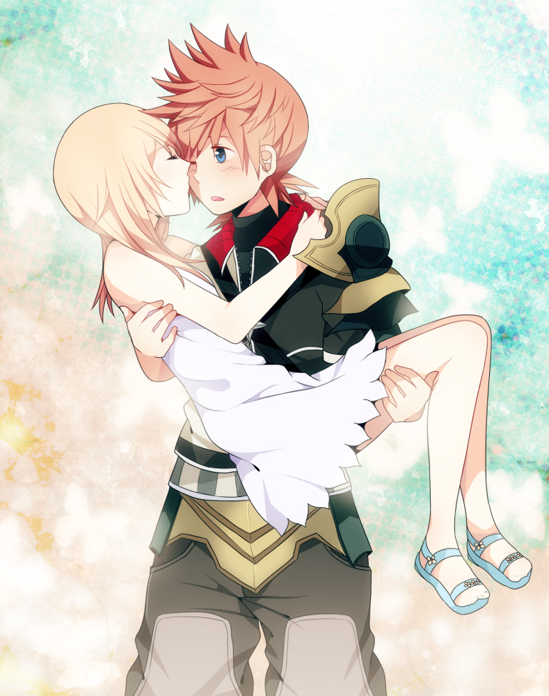 1boy 1girl bad_id bad_pixiv_id blonde_hair blue_eyes breasts carrying dress karudoll kingdom_hearts kingdom_hearts_birth_by_sleep kingdom_hearts_ii kiss medium_hair namine princess_carry short_hair sundress ventus white_dress