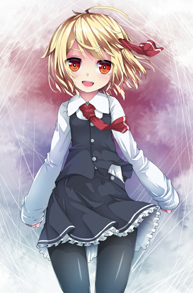 1girl ascot black_legwear black_skirt black_vest blonde_hair commentary_request cowboy_shot eyebrows_visible_through_hair frilled_skirt frills hair_ribbon long_sleeves looking_at_viewer open_mouth pantyhose red_eyes red_neckwear ribbon rumia short_hair skirt sleeves_past_wrists solo standing touhou uumaru vest