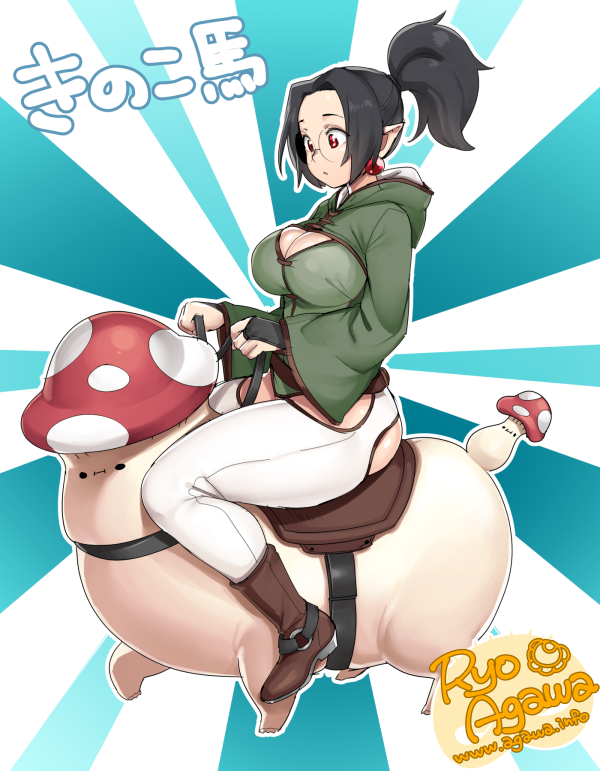 1girl :| agawa_ryou black_hair boots breasts bridal_gauntlets cleavage closed_mouth commentary earrings elf full_body glasses high_ponytail hip_vent hood hood_down jewelry large_breasts long_hair mushroom original pants pointy_ears red_eyes reins riding rising_sun round_eyewear saddle solo_focus sunburst what
