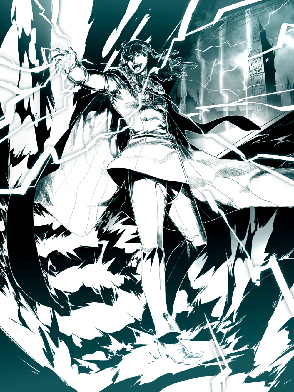 1boy cape double-breasted electricity elizabeth_tower fate/grand_order fate_(series) hand_on_hip highres long_hair male_focus military military_uniform monochrome nikola_tesla_(fate/grand_order) solo uniform