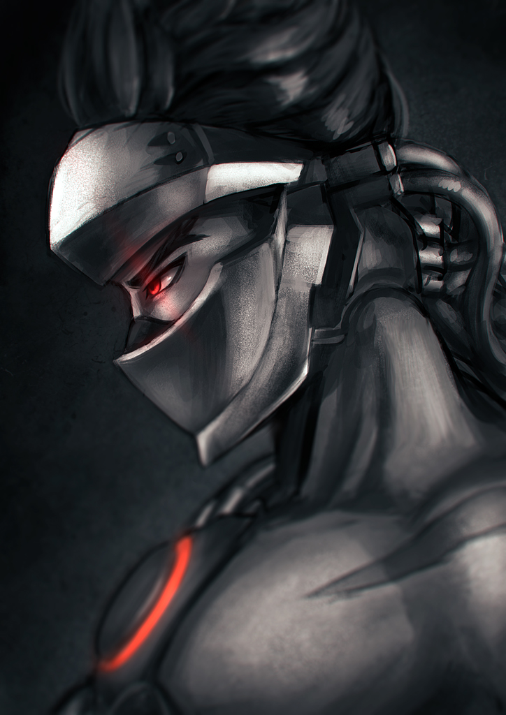 1boy alternate_costume black_background blackwatch_genji blurry cable collarbone cyborg face_mask from_side genji_(overwatch) glowing glowing_eye looking_away male_focus mask overwatch power_armor profile red_eyes scar serious solo spiky_hair spot_color umigraphics upper_body