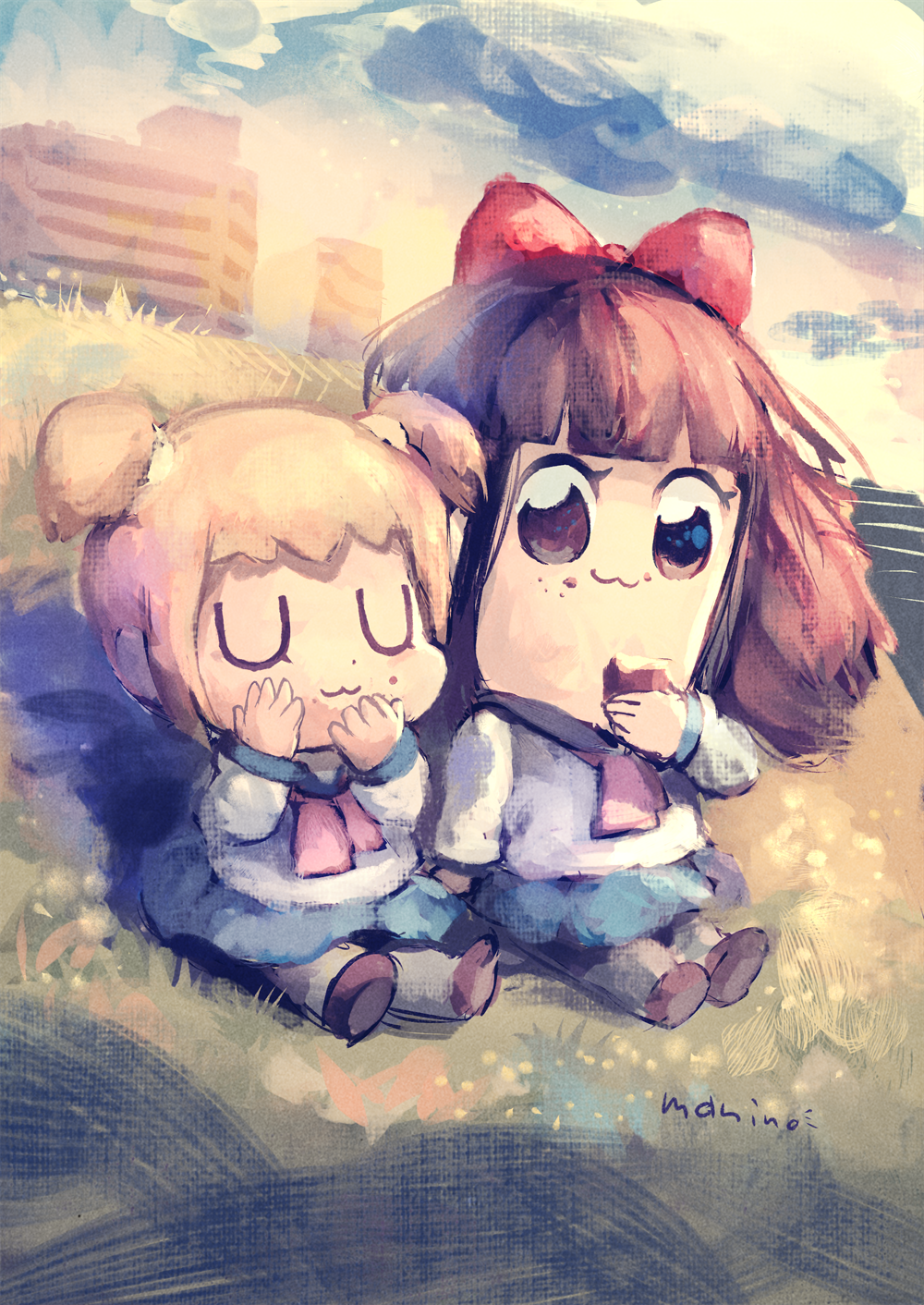 2girls :3 alternate_eye_color alternate_hair_color artist_name bangs blonde_hair blue_skirt blunt_bangs bow brown_eyes brown_footwear brown_hair chibi closed_eyes closed_mouth commentary_request day eating food food_on_face hair_bow hair_ornament hair_scrunchie highres long_hair long_sleeves manino_(mofuritaionaka) multiple_girls neckerchief outdoors pipimi poptepipic popuko red_bow red_neckwear scrunchie shirt shoes short_hair signature sitting skirt socks twintails u_u white_legwear white_shirt