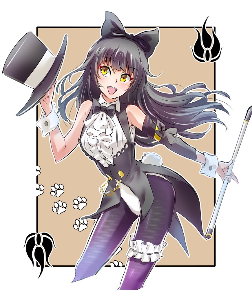 1boy 1girl blake_belladonna bow bowtie bunny_girl bunny_tail cane cravat garters hat iesupa pantyhose rwby tail top_hat