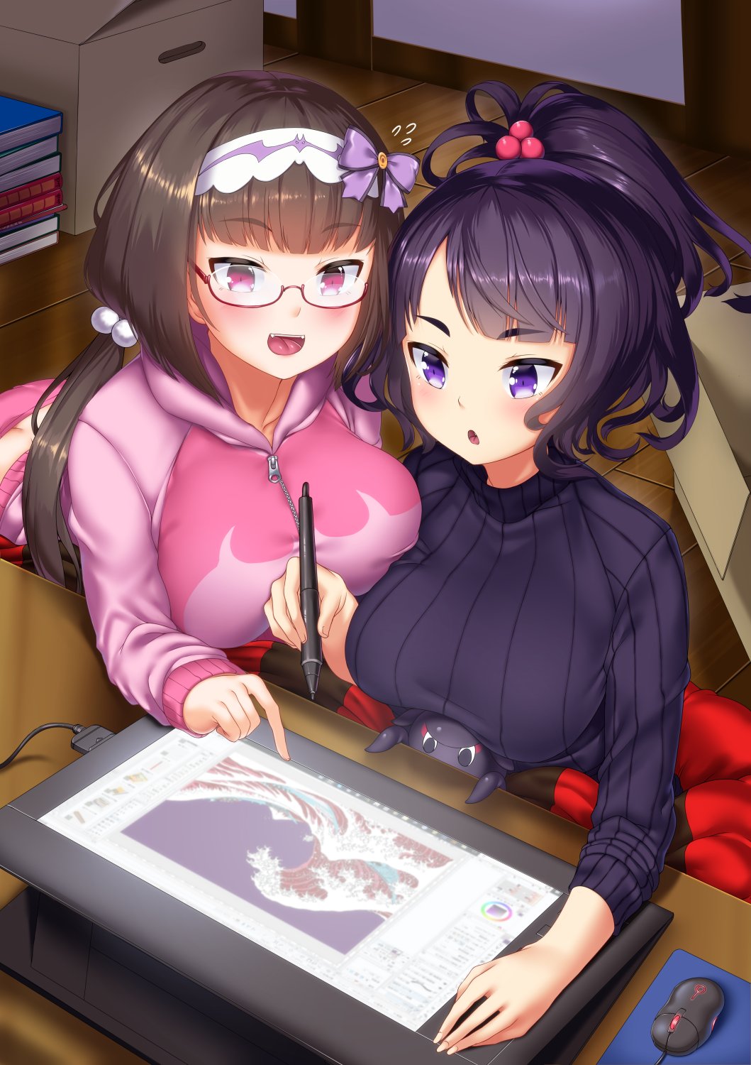 2girls :o alternate_costume asymmetrical_docking bangs black_sweater blunt_bangs blush book_stack bow box breast_lift breast_press breasts brown_hair butt_crack cardboard_box computer_mouse drawing_tablet eyebrows_visible_through_hair fang fangs fate/grand_order fate_(series) flying_sweatdrops glasses hair_bobbles hair_bow hair_ornament hairband highres hitotsuki_nebura holding holding_stylus hood hooded_jacket indoors jacket katsushika_hokusai_(fate/grand_order) kotatsu large_breasts long_hair long_sleeves low_twintails multiple_girls octopus open_mouth osakabe-hime_(fate/grand_order) peeking pink_eyes pink_jacket pointing ponytail purple_bow purple_hair red-framed_eyewear semi-rimless_eyewear shiny shiny_hair sitting stylus sweater table tongue tsurime twintails two-tone_hairband under-rim_eyewear upper_body upper_teeth violet_eyes waves wooden_floor zipper