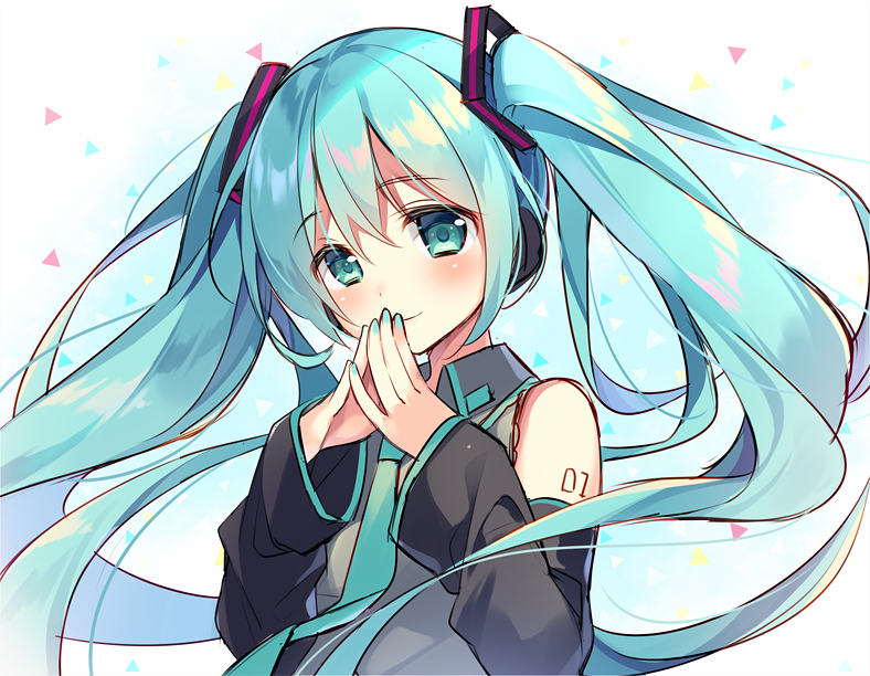 1girl aqua_eyes aqua_hair aqua_nails aqua_neckwear bangs bare_shoulders blue_background blush closed_mouth collared_shirt eyebrows_visible_through_hair gradient gradient_background grey_shirt hatsune_miku headphones long_hair long_sleeves looking_at_viewer nail_polish necktie number_tattoo own_hands_together shiny shiny_hair shirt shoulder_tattoo smile solo suimya tareme tattoo triangle twintails upper_body very_long_hair vocaloid wing_collar