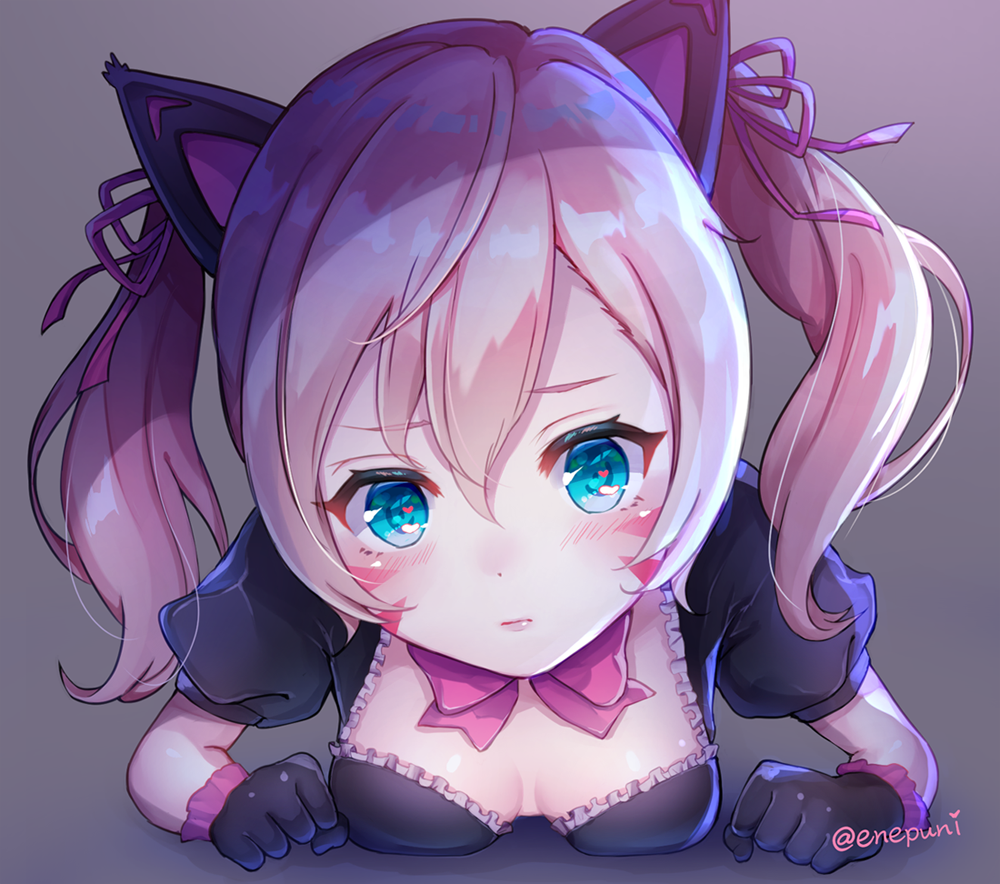 1girl alternate_costume animal_ears aqua_eyes black_cat_d.va black_dress black_gloves blonde_hair blush bow breast_press breasts breasts_apart cat_ears clenched_hands close-up d.va_(overwatch) downblouse dress enepuni face facepaint facial_mark frilled_dress frills gloves grey_background lolita_fashion looking_at_viewer lying medium_breasts on_stomach overwatch pink_bow puffy_short_sleeves puffy_sleeves short_sleeves simple_background solo twintails twitter_username upper_body whisker_markings