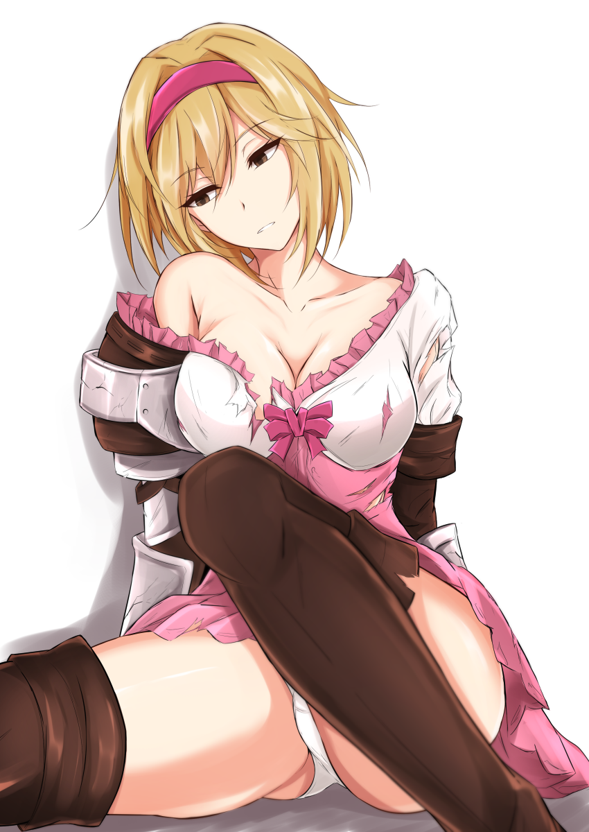 1girl armor ass bare_shoulders blonde_hair boots bow breasts brown_eyes brown_footwear cleavage collarbone commentary_request djeeta_(granblue_fantasy) dress empty_eyes eyebrows_visible_through_hair frilled_dress frills granblue_fantasy hairband head_tilt highres large_breasts looking_to_the_side off_shoulder panties pantyshot pantyshot_(sitting) parted_lips pink_bow pink_hairband piro_(iiiiiiiiii) short_hair simple_background sitting solo thigh-highs thigh_boots torn_clothes torn_dress underwear white_background