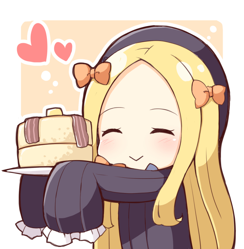 1girl :&gt; ^_^ abigail_williams_(fate/grand_order) blonde_hair blush bow closed_eyes fate/grand_order fate_(series) food hair_bow heart long_hair long_sleeves ominaeshi_(takenoko) outline pancake ribbon sleeves_past_fingers smile white_background white_outline