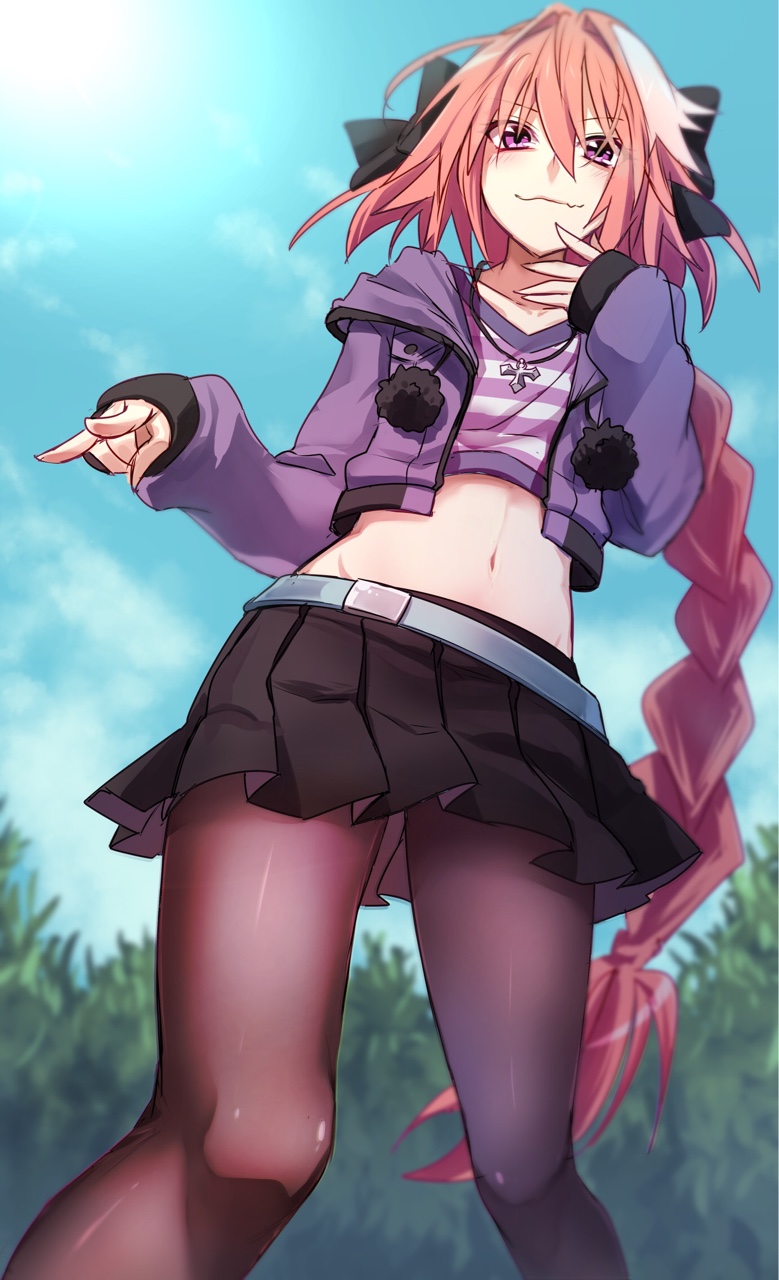 1boy :3 \m/ astolfo_(fate) bangs belt black_bow black_legwear black_skirt blue_belt blue_sky blush bow braid butano_(star-dust_boxxx) closed_mouth clouds cloudy_sky collarbone commentary_request crop_top cropped_jacket day eyebrows_visible_through_hair fang fate/apocrypha fate_(series) from_behind from_below groin hair_between_eyes hair_bow hair_intakes hand_on_own_chin hands_up highres hood hood_down hooded_jacket horizontal-striped_shirt horizontal_stripes jacket legs_apart long_hair long_sleeves looking_at_viewer looking_down loose_belt male_focus miniskirt multicolored_hair navel open_clothes open_jacket outdoors pantyhose pink_hair pleated_skirt pom_pom_(clothes) purple_jacket purple_shirt shirt single_braid skirt sky smile solo standing stomach streaked_hair striped striped_shirt trap tree upskirt v-neck very_long_hair violet_eyes white_hair