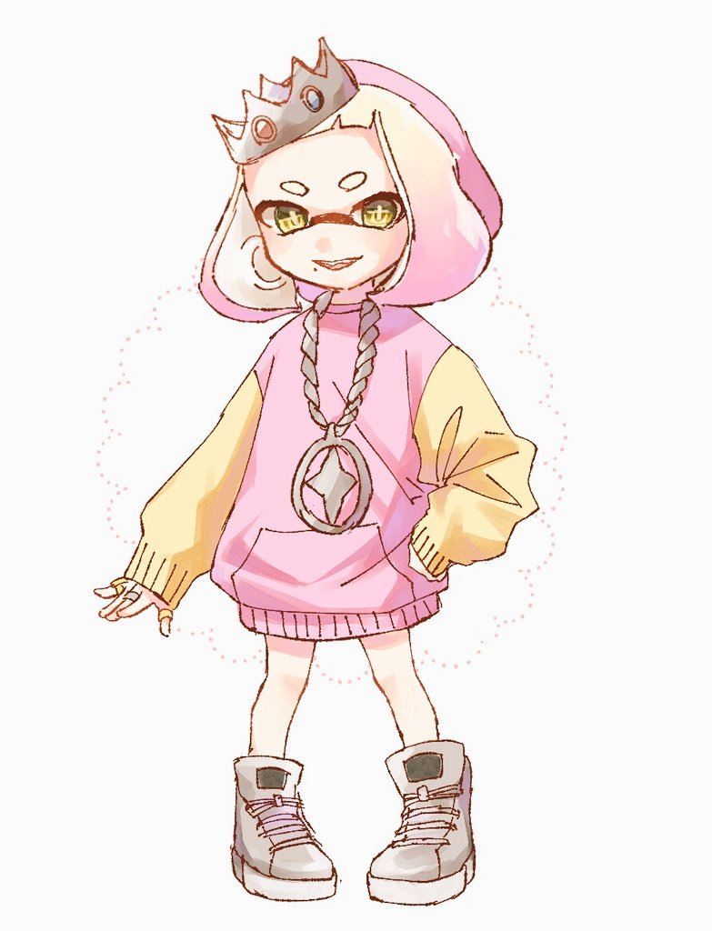 +_+ 1girl bangs blunt_bangs crown domino_mask full_body gem gradient_hair hand_on_hip hime_(splatoon) hood hood_up hoodie jewelry legs_apart long_sleeves mask menruiko_(merui_12) mole mole_under_mouth multicolored_hair necklace pink_hair pocket ring shoes short_hair silver_footwear simple_background smile sneakers solo splatoon splatoon_2 standing suction_cups symbol-shaped_pupils teeth tentacle_hair thick_eyebrows two-tone_hair white_background white_hair yellow_eyes