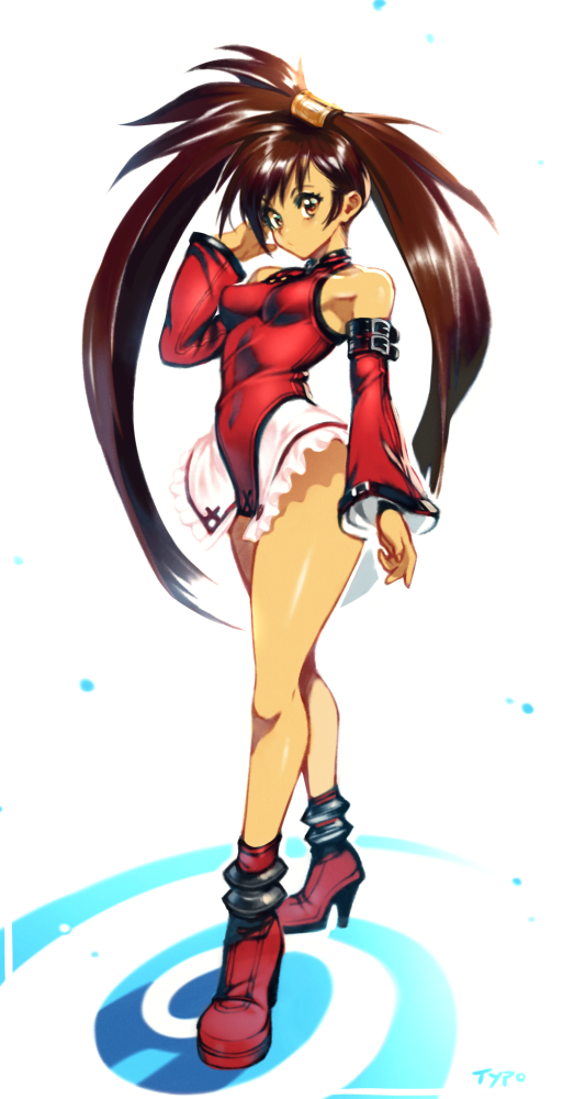 1girl ankle_boots bare_shoulders boots breasts brown_eyes brown_hair china_dress chinese_clothes closed_mouth detached_sleeves dress full_body guilty_gear guilty_gear_xrd hair_ornament hair_ring high_heel_boots high_heels impossible_clothes impossible_dress kuradoberi_jam long_hair looking_at_viewer medium_breasts solo standing twintails typo_(requiemdusk) very_long_hair white_background