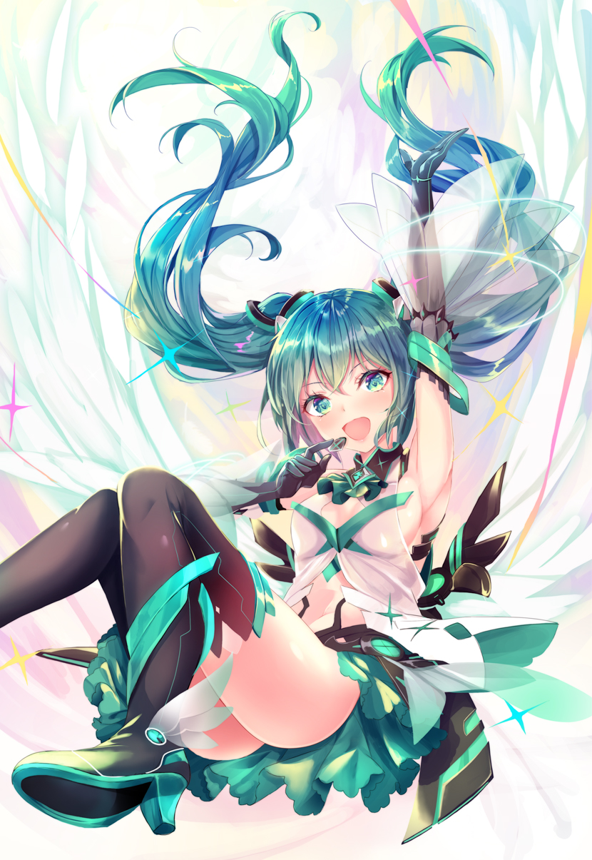 1girl aqua_hair arm_up boots elbow_gloves gloves green_eyes green_hair haruka_natsuki hatsune_miku high_heels highres long_hair looking_at_viewer open_mouth skirt solo thigh-highs thigh_boots twintails vocaloid